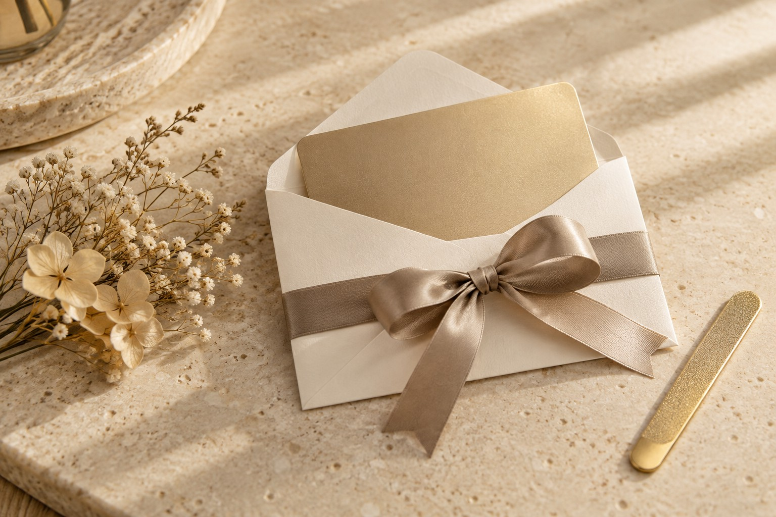 Champagne-gold gift card presentation with ribbon and dried flowers