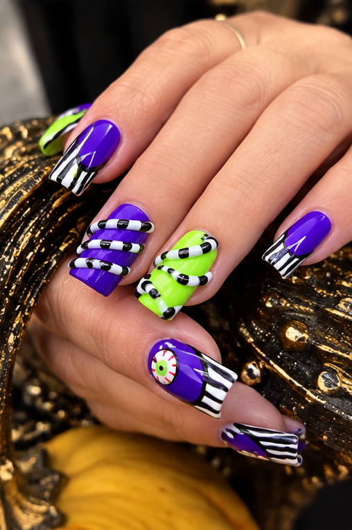 Purple and green graphic nail art